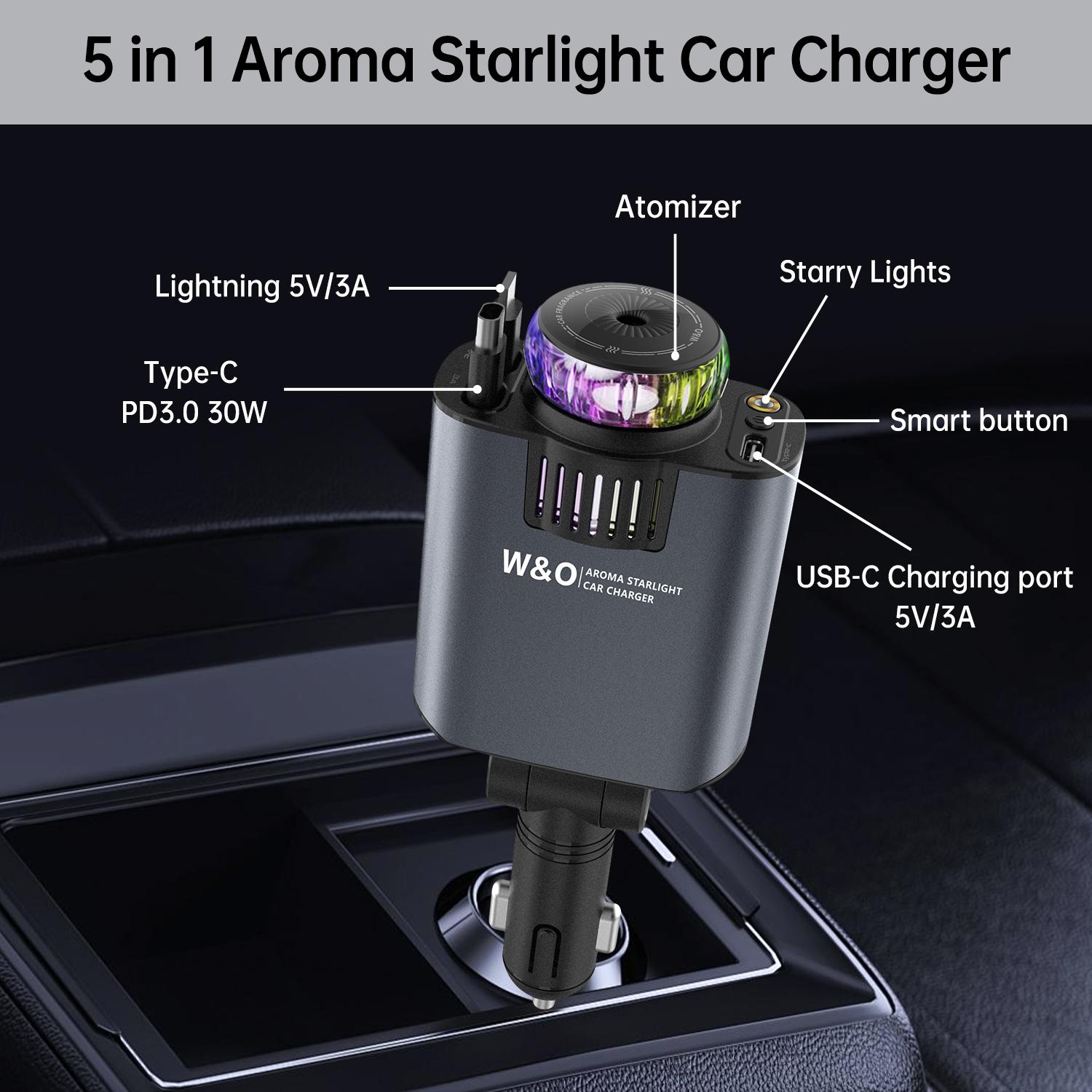 【New Airfreshener Starlight In Car Roof】5 in 1 Car Charger, Car Air Freshener with High Speed USB C Adapter with Lightning Cable & Charge Port for iPhone & Android Phone, Retractable Car Charger, Comes with 3 Bottles of Fragrance, Car Accessories 【New Airfreshener Starlight In Car Roof】5 in 1 Car Charger, Car Air Freshener with High Speed USB C Adapter with Lightning Cable & Charge Port for iPhone & Android Phone, Retractable Car Charger, Comes with 3 Bottles of Fragrance, Car Accessories