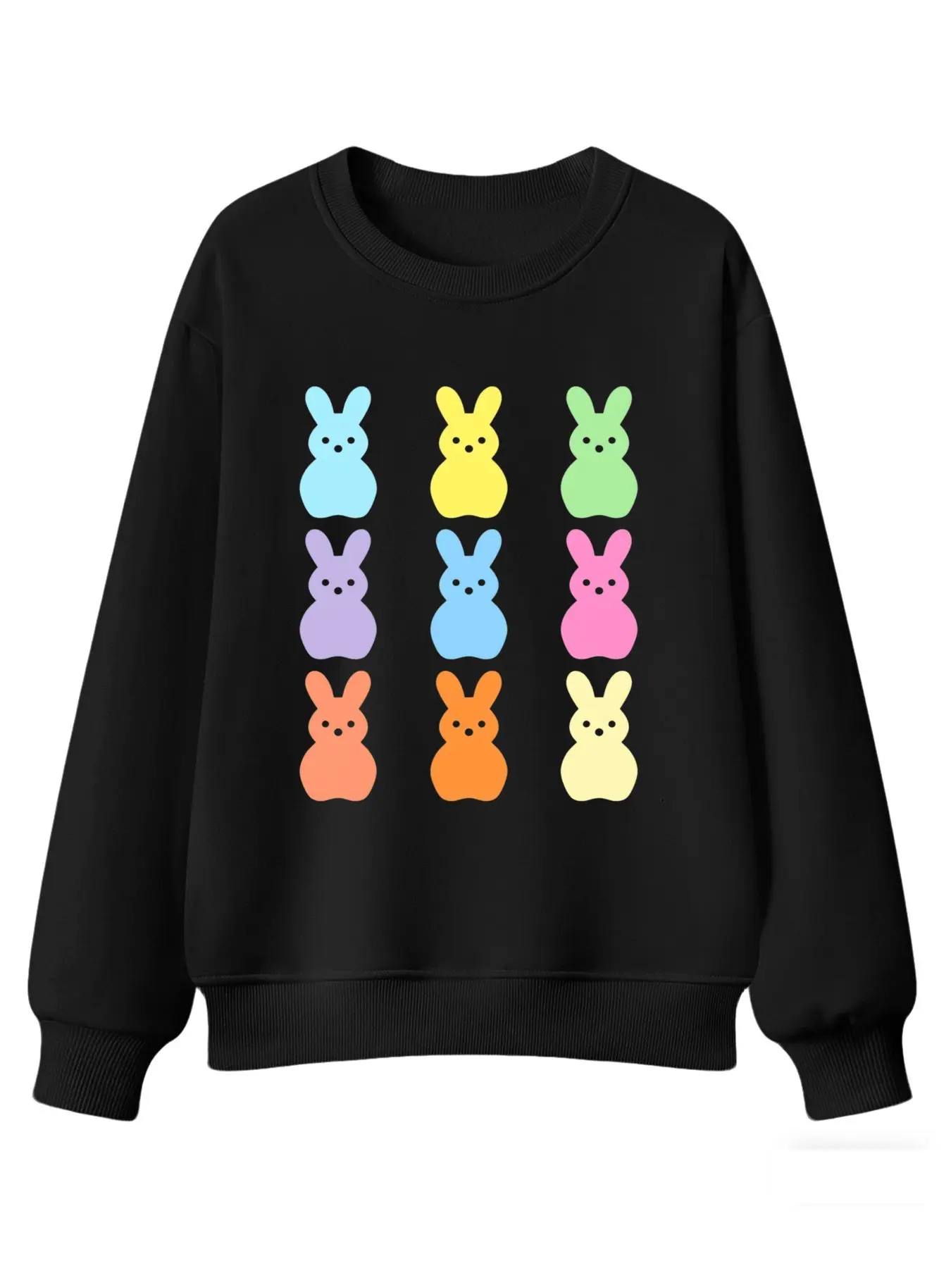 Women's Fitted Long-Sleeve Happy Easter Cotton T-Shirt - Cute Bunny & Floral Graphic, Casual Round Neck Top for Spring Holiday, Party, Work, Outdoors Wear