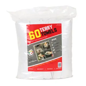 60 Pack of White 14 x 17 Cotton Multi-Purpose Terry Towels or Bulk Case of Five 60-Count Bags