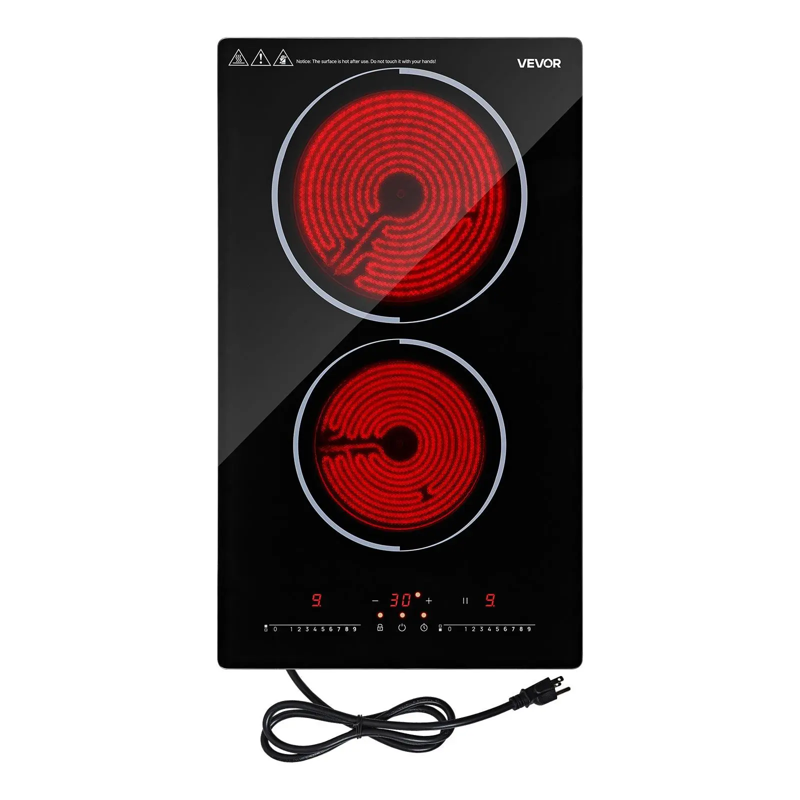 VEVOR 12-Inch Rectangular Corded Electric Cooktop, 2-Burner Portable Radiant Heat Stove Top with 1800W 120V Standard Plug, Ceramic Built-In/Countertop Stove, 9 Power Levels, Timer, Child Lock, Over-Heat Guard, Touch Control