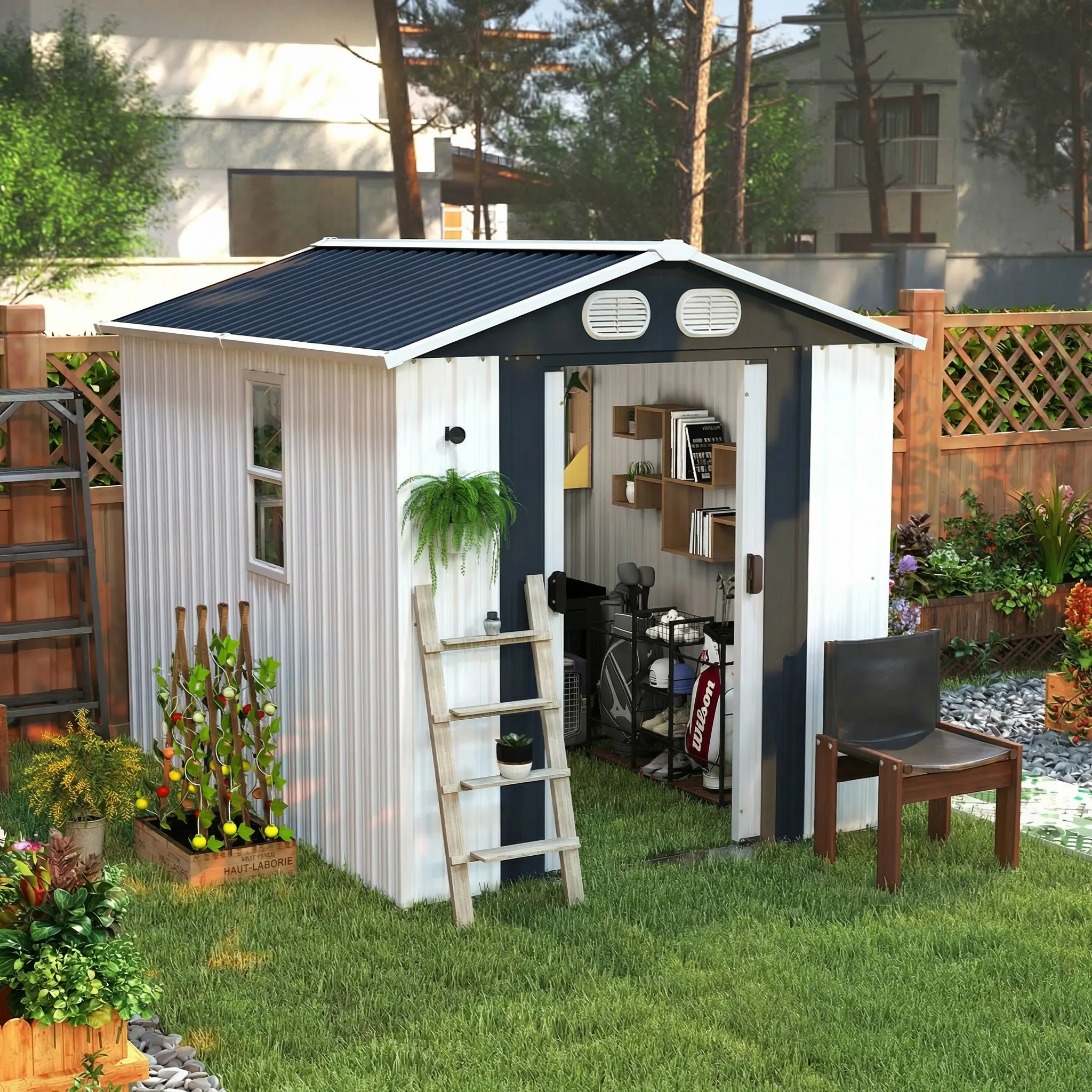 8x6 FT Durable Waterproof Outdoor Metal Storage Shed, Outdoor Furniture Storage Solution with Lockable Hinged Doors, Sloped Roof, Effective Ventilation, Easy Setup, Assembly Guide for Household Items, Patio, Backyard Lawn, Gardening