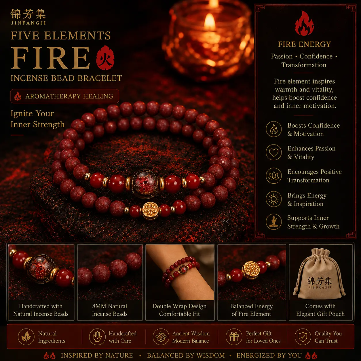 Five Elements Aromatherapy Incense Bead Bracelet, Handmade Chinese Herbal Fragrance & Natural Stone Wellness Jewelry, Metal Wood Water Fire Earth