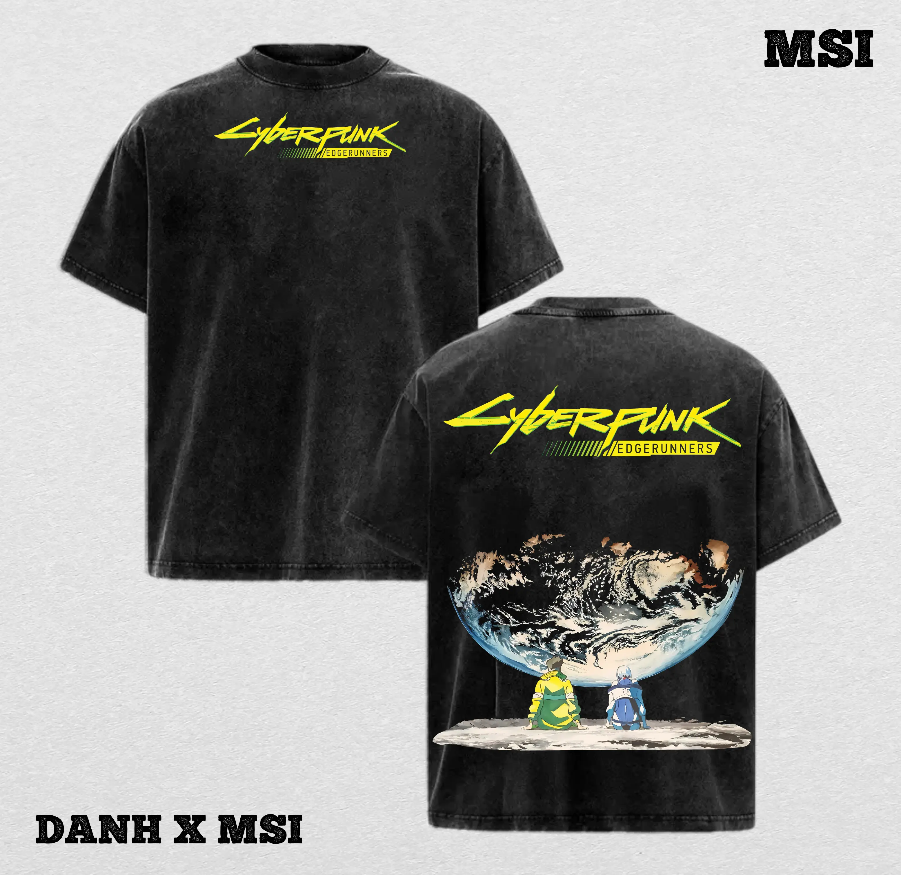 Moonlit Edgerunners Tee – Cyberpunk Double-Sided Anime Shirt, Washed Heavy Cotton Oversized T-Shirt, Gift for Anime & Sci-Fi Fans, Unisex Streetwear, Menswear, graphic tees
