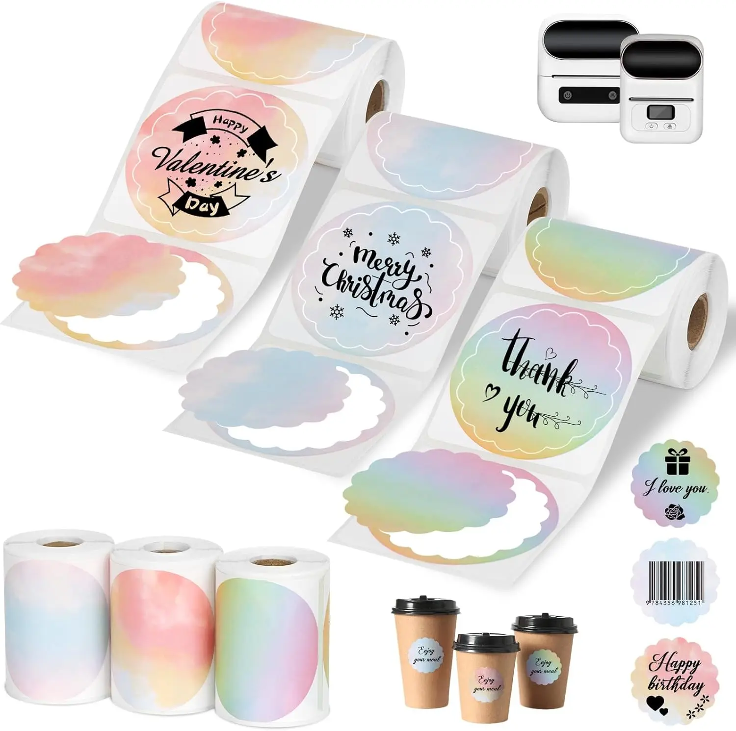 3 Rolls Thermal Round Label Paper,1.96 "x1.96 Gradient Label Maker Sticker for Phomemo M220/M200/M221/M110 Printer,Multi-Purpose Self-Adhesive Waterproof Labels for Barcode,DIY,Logo,Thanks card sticker cover