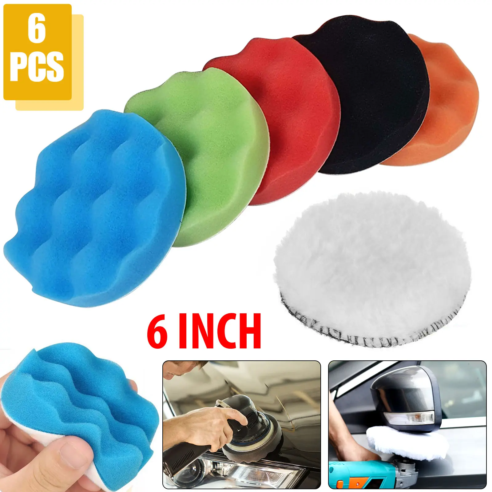 6Pcs Car drill Polishing Waxing Pad Set - 6 Inch Electric Car buffing Pads Kit,Polishing Sponge Pads,Automotive Buffer Kit,Wash Cleaning detailing kit