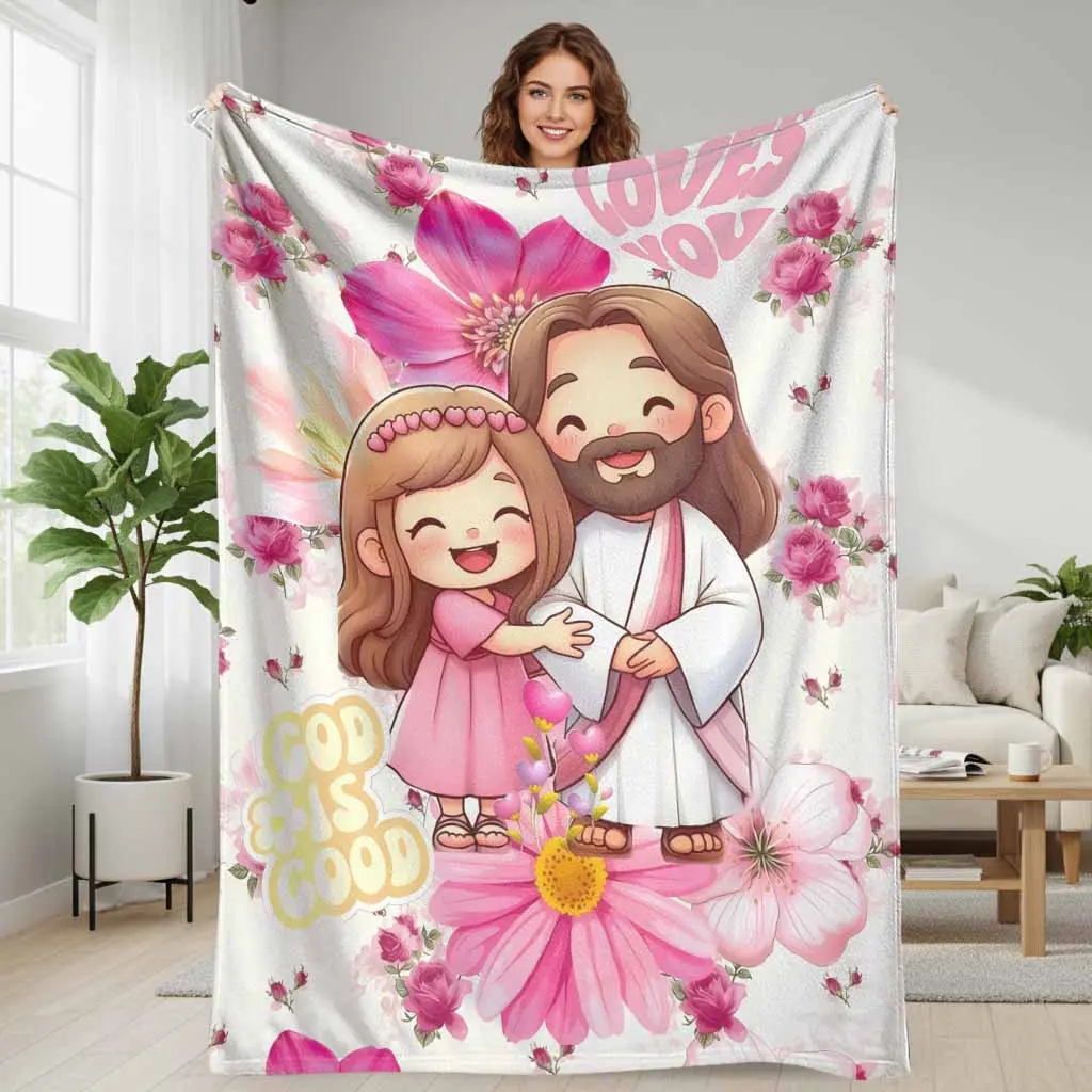 Faith & Love Cartoon Flannel Throw Blanket - Anti-Pilling, Wrinkle Resistant Flannel Fabric, Blush Pink Floral Heart Print, Cute Hugging Girl Design, Ultra Soft Lightweight Cozy, Multi-Size, Ideal for Home/Sofa, Travel, Indoor/Outdoor Use, Church Gifts, C