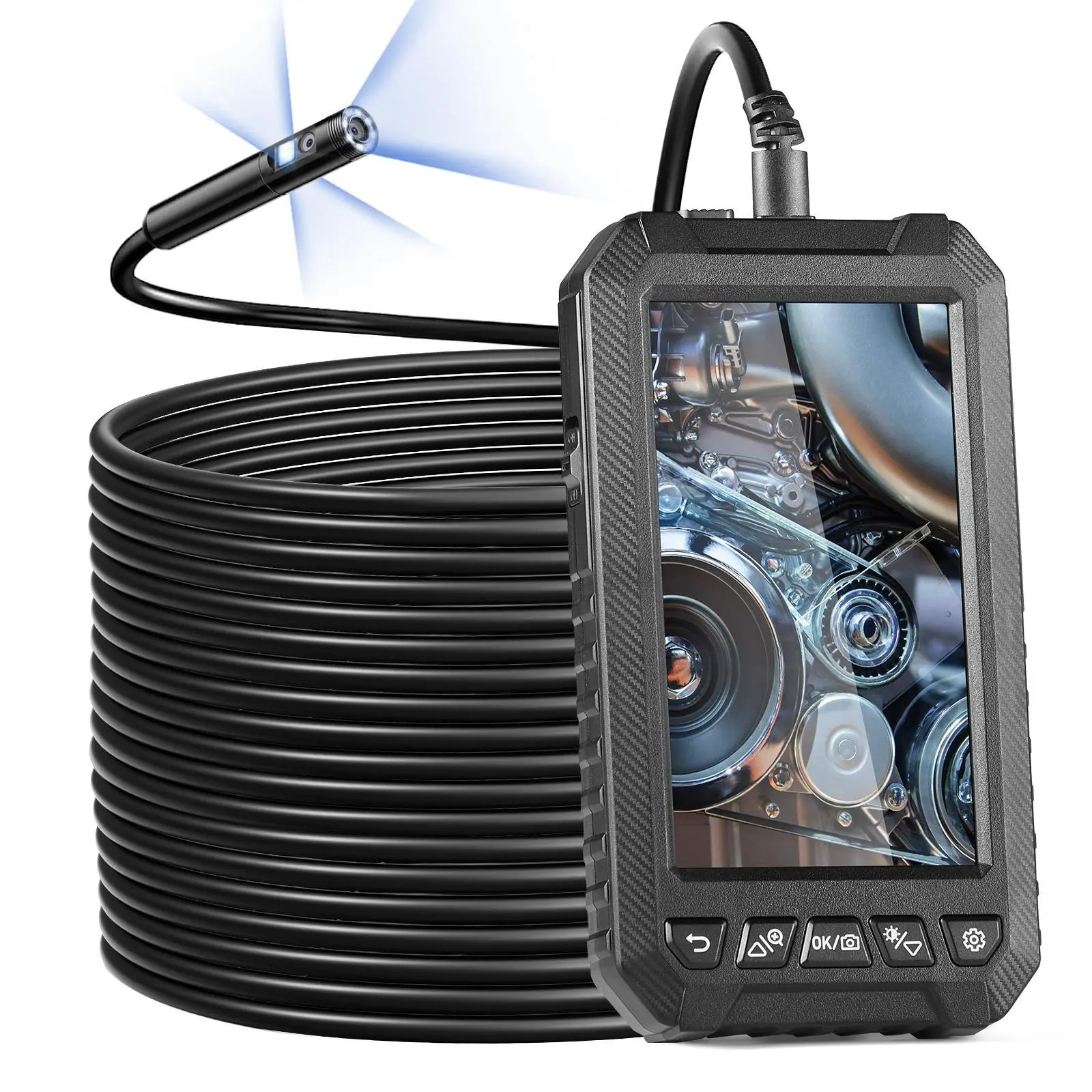 【Summerfinds】VEVOR Endoscope Camera with Light,  , Triple Lens Borescope with 49.2FT Semi-Rigid Cable, 5" Screen 1080P Inspection Camera, 8 + 2 LED Lights, IP67 Waterproof Snake Camera for Auto, Plumbing (32GB Card)