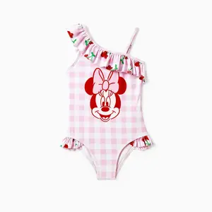 Disney Minnie Mouse Girls One Piece Swimsuit - Pink Gingham Cherry Print Ruffle Hem One Shoulder Swimsuit, Official Minnie Character Swimwear for Toddlers & Little Girls