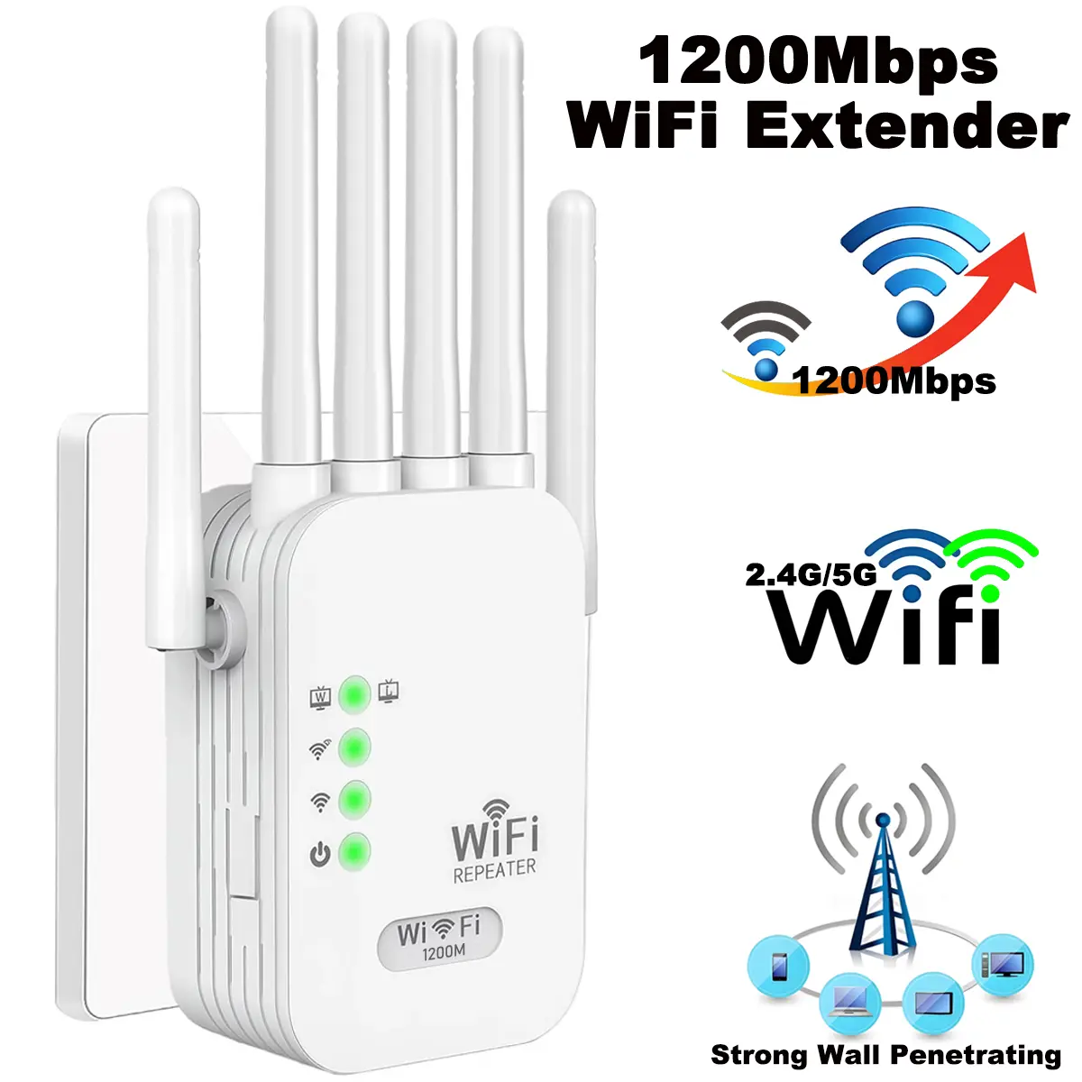 2026 WiFi Extender 6 Antennas Strong Signal, 1200Mbps Dual Band 2.4GHz-5GHz Wifi Booster,with Gigabit Port & AI Connectivity, Suitable for Home Studios, Remote Workspaces, VR Areas WiFi Extender Signal Booster