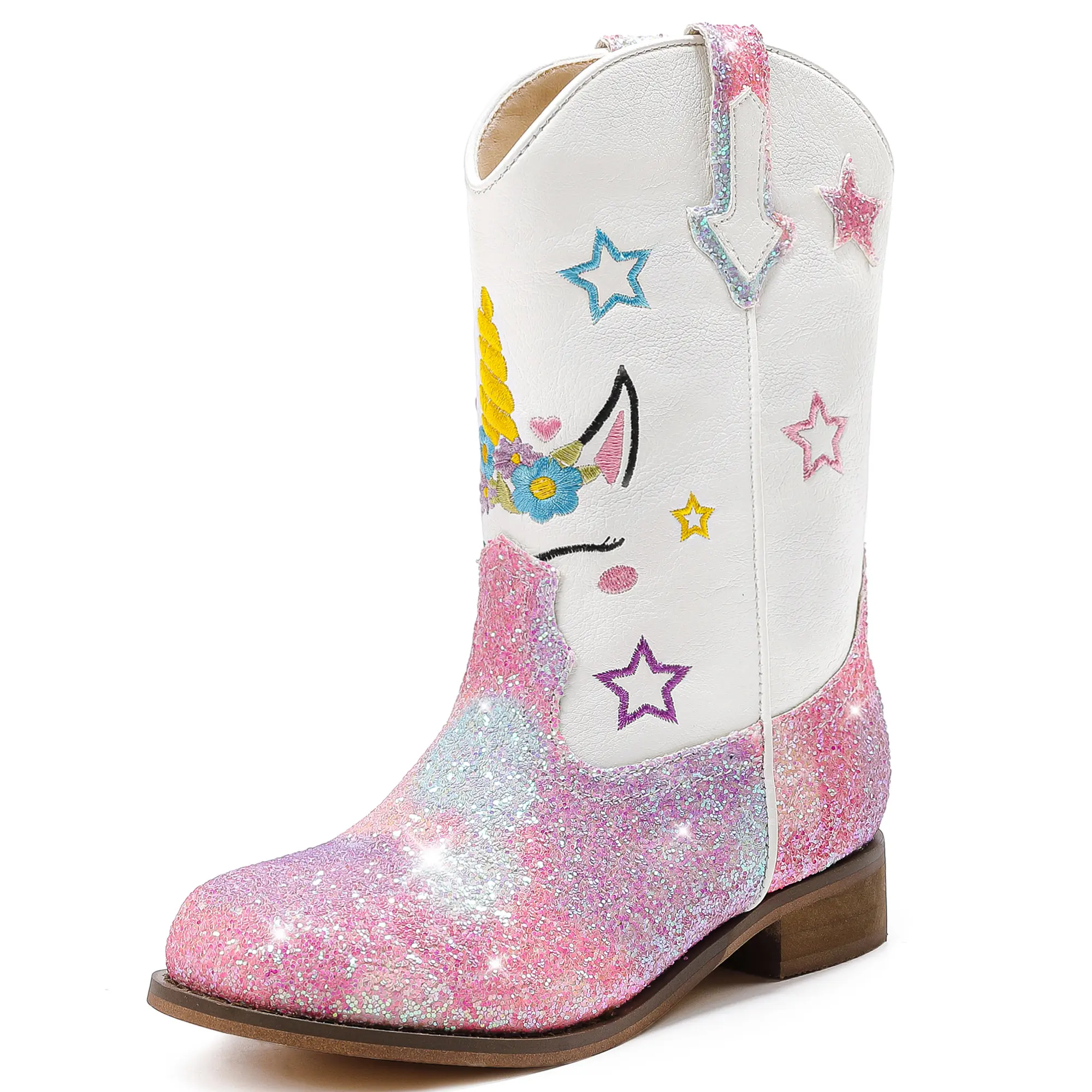 Girls' Glitter Star Sequin Mid-Calf Square Toe Unicorn Cowgirl Boots - Toddler Little Kid Riding Shoes for Role Play, Princess Dress Up Party, Toddler Girl Stuff