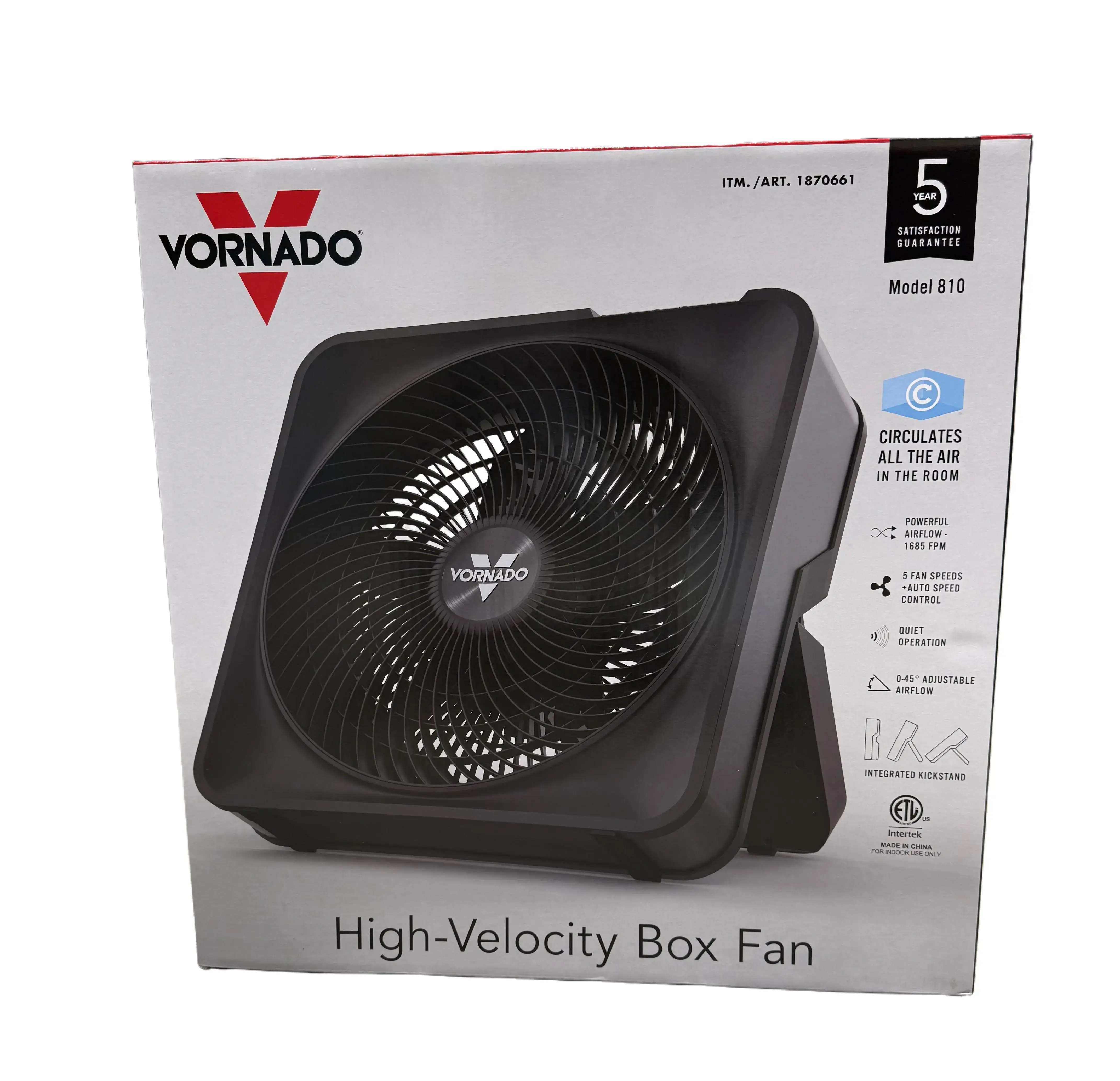 Vornado Model 80 High Velocity Electric Box Fan with Removable Grille, 5 Speed Settings, Powerful Airflow, Whole Room Air Circulation, Targeted Cooling, Cord Storage, Durable Floor Fan,