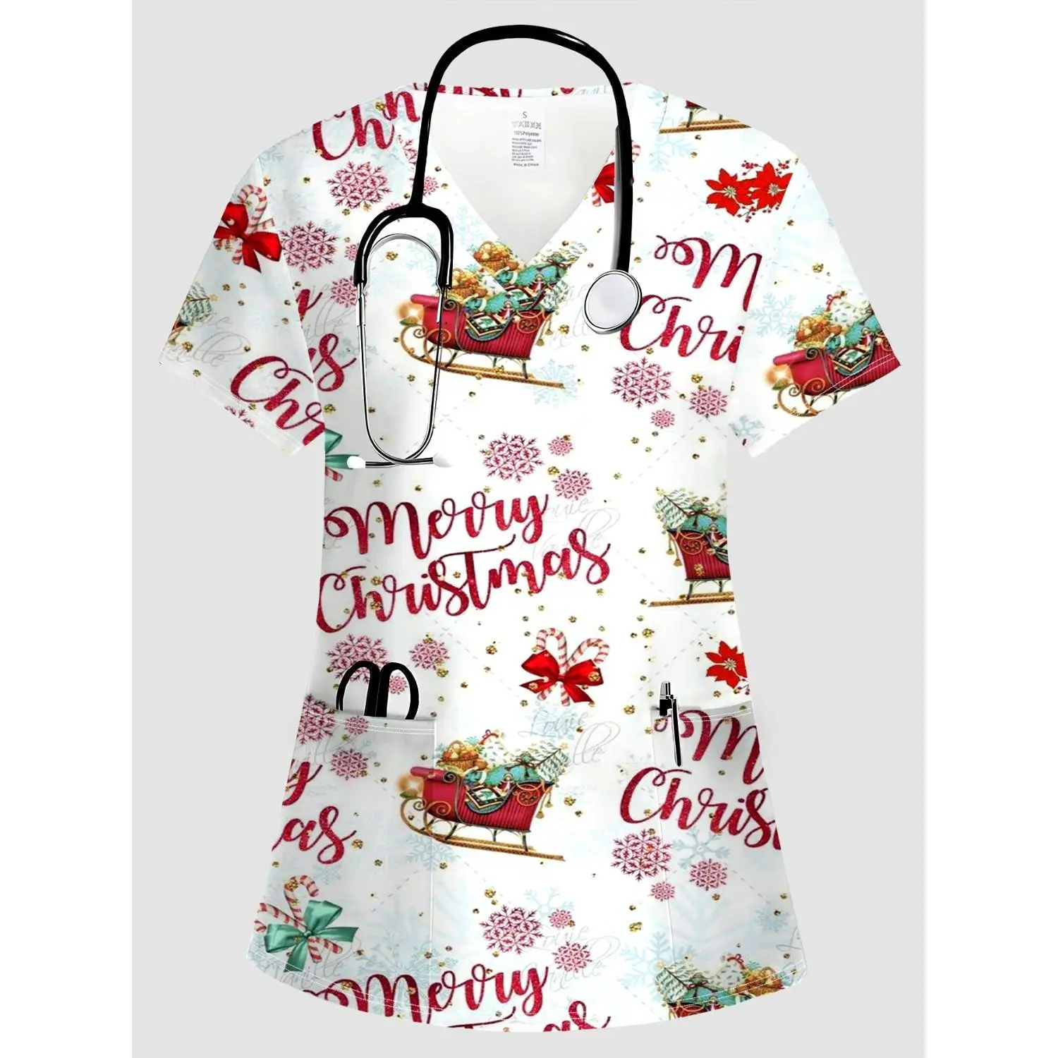 Charming Cartoon Animal and Plant Underwater World Scrub Top - V-Neck, Breathable Blend, All-Season Workwear with Pockets