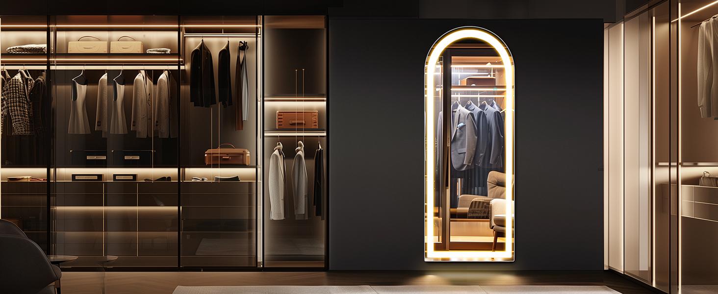 Stand Mirror Full Length with LED Lights, Floor Mirror Dimming & 3 Color Lighting, Large Mirror for Bedroom, Glass Decorations Supplies