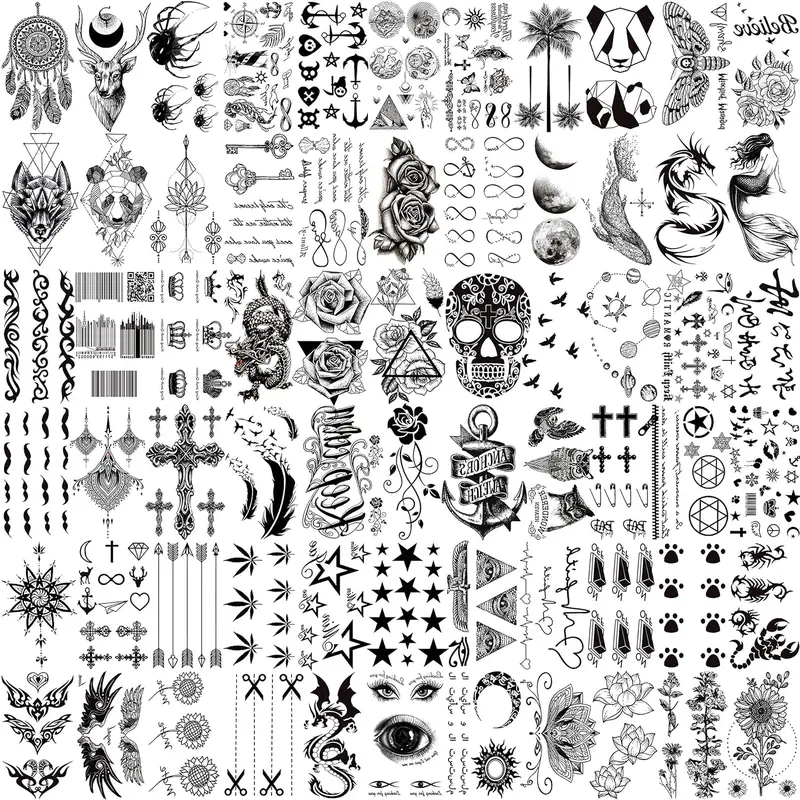 66 Sheets 3D Small Black Temporary Tattoos For Women Men Waterproof Fake Tattoo Stickers For Face Neck Arm Children Flower Birds Star Realistic Tatoo Kits For Boy Girls Adults