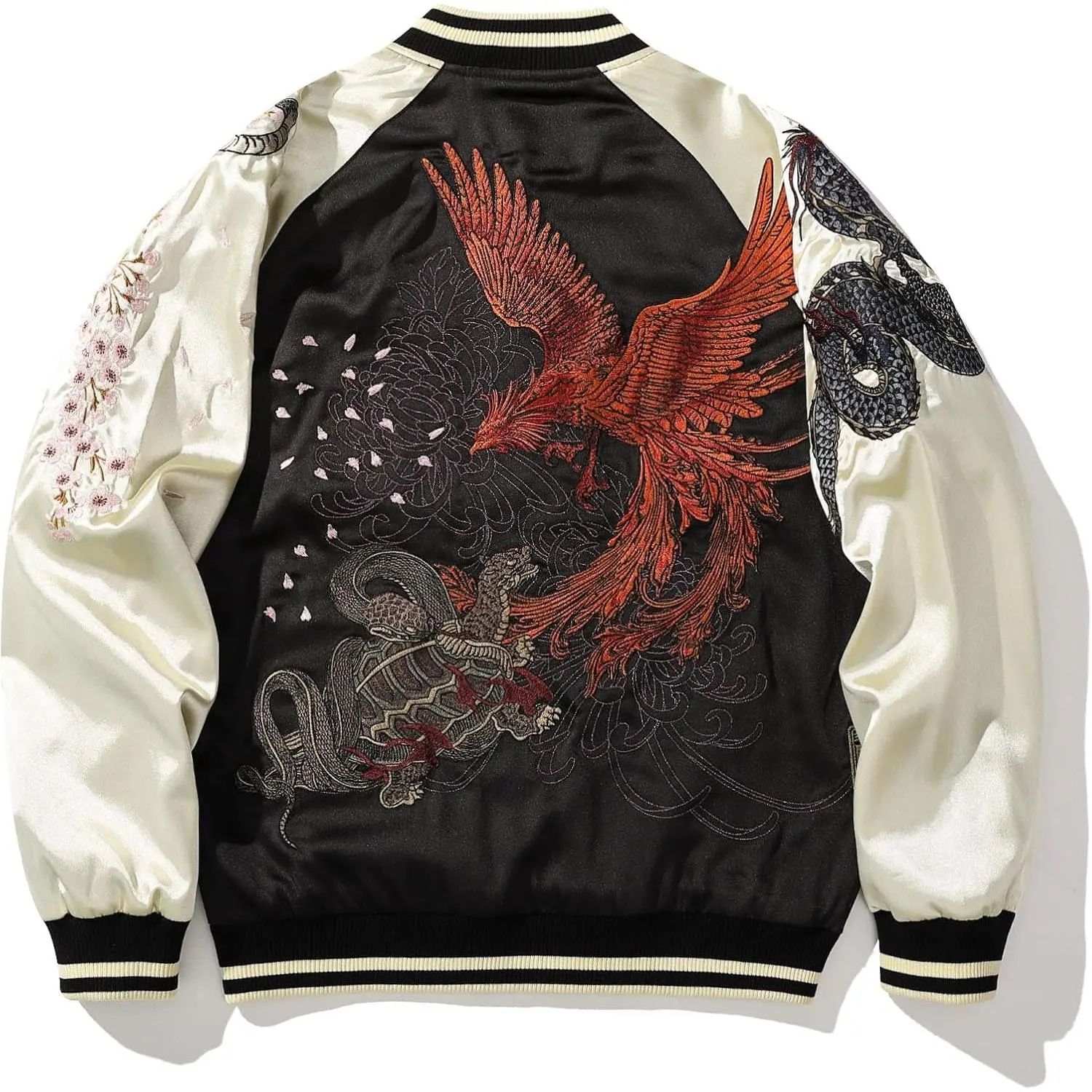 Men's Sukajan Bomber Jacket, Japanese Streetwear with Embroidered Animals like Tiger & Snake, Silky Satin Oversized Full-Zip Windbreaker, Menswear, Fabric, Dragon, Punk, Turtle, Coats