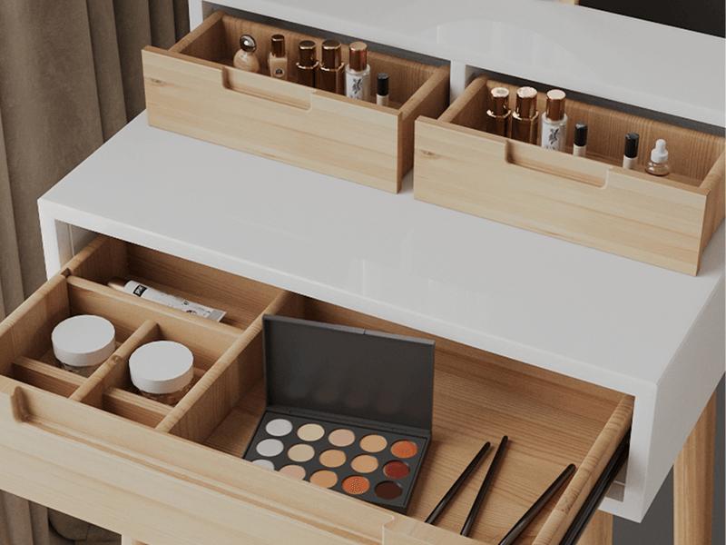 Small Makeup Vanity Desk with Lights, Compact Vanity Desk with Adjustable Brightness Mirror for Small Spaces, Dressing Table with Drawers and Storage Shelves IF041