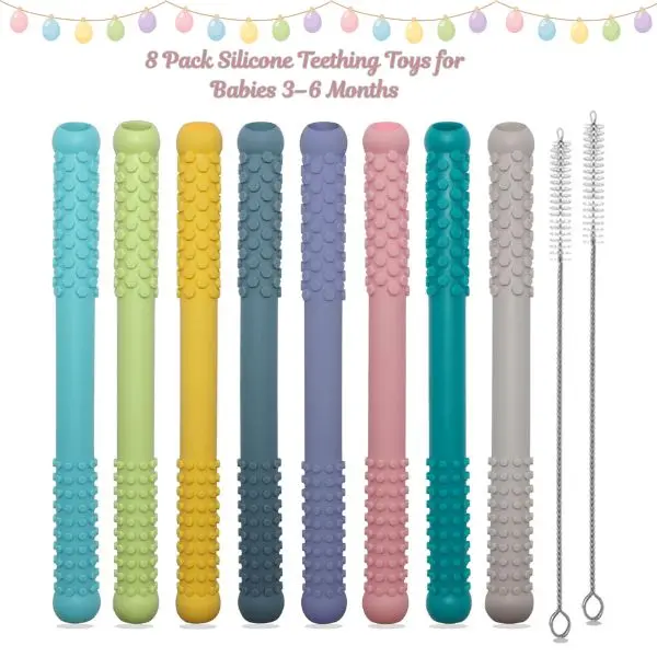 Baby Silicone Teething Relief Set - 8-Pack Teether Tubes & Sticks for 3-18 Months Infants, Modern Lightweight Sensory Chew Toys (Dry Clean Only)
