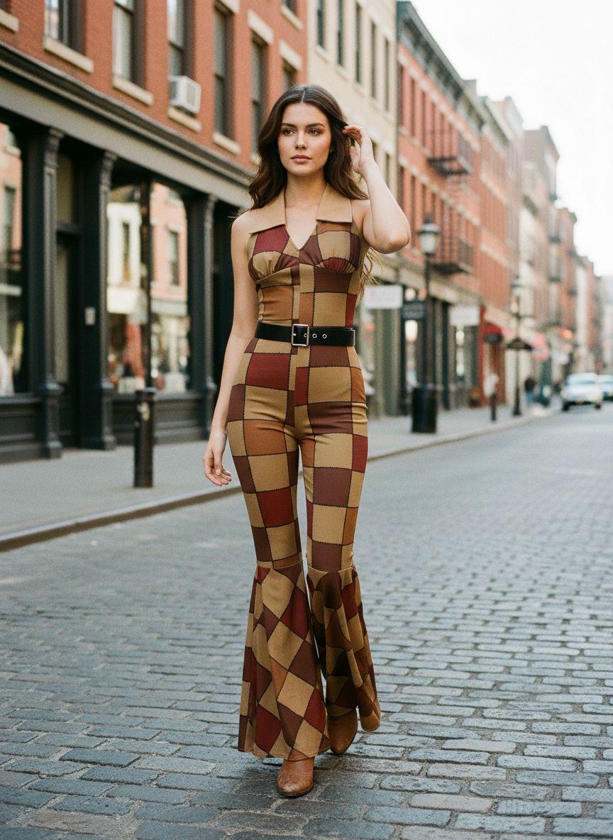 1970S GEOMETRIC PATTERN PATCHWORK HALTER JUMPSUIT Womenswear Overalls