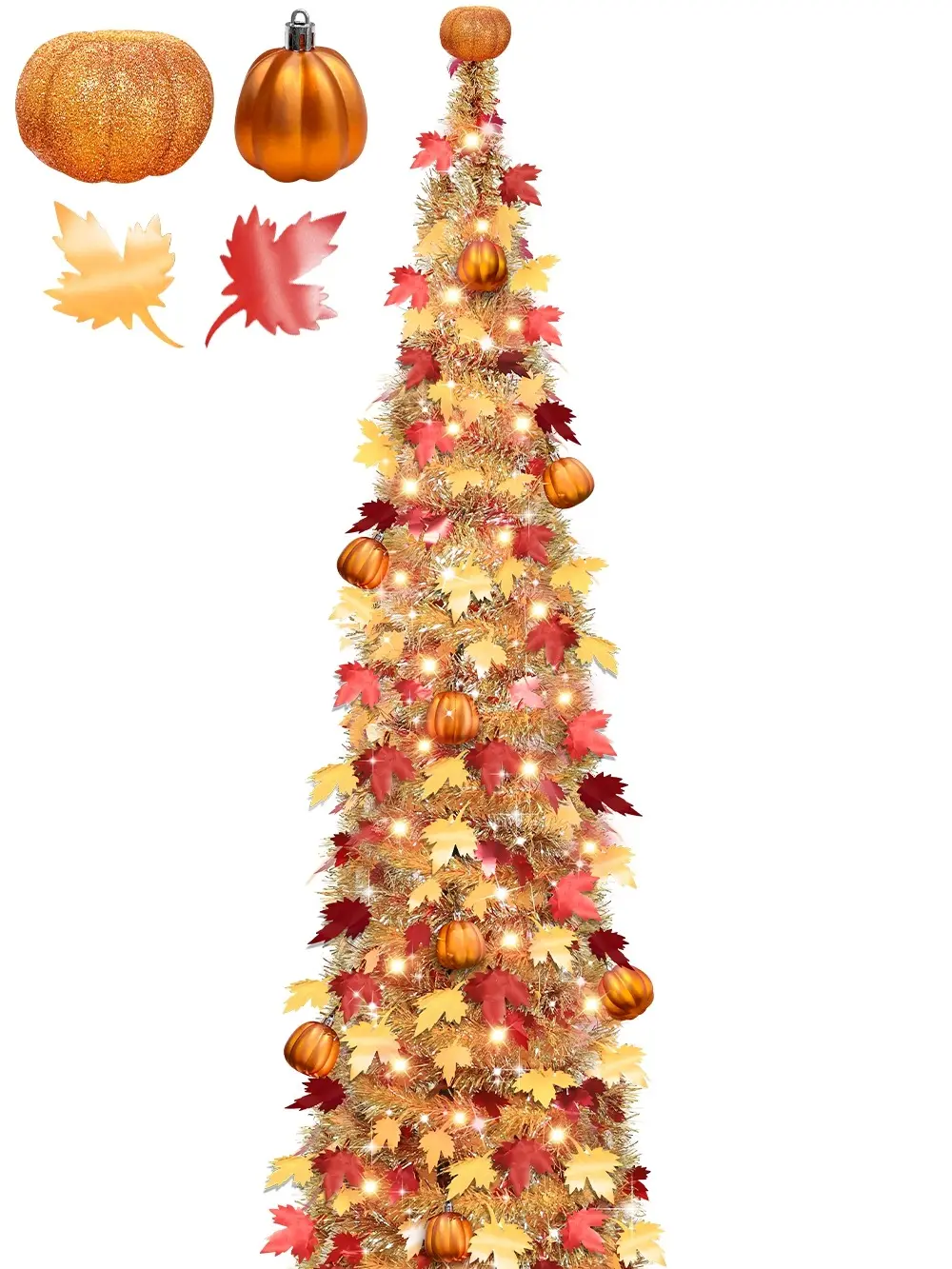 TURNMEON 5 FT Fall Tree Fall Decor, Pop Up Tinsel Maples Tree with 50 Warm White Lights Orange Pumpkins Battery Operated Lighted Halloween Tree Fall Decorations for Home Harvest Thanksgiving Party Indoor