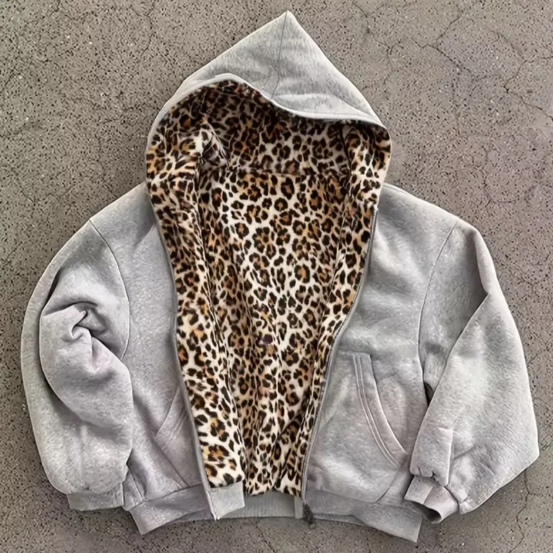 Men’s reversible zip hoodie sweatshirt with leopard print lining, autumn/winter vintage solid color, can be worn front or back Aesthetic Hoodie Casual
