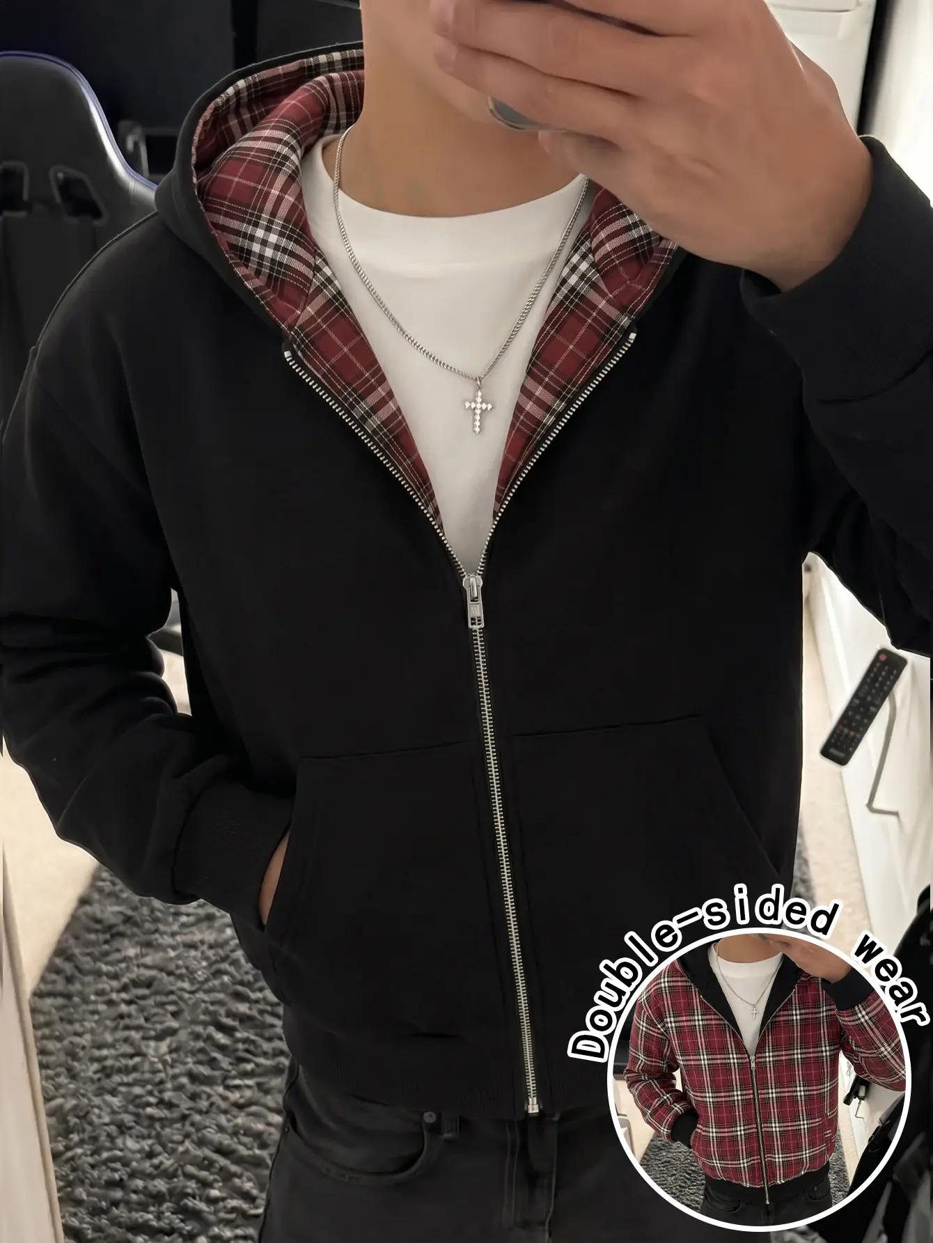 Men’s cotton zip up hooded jacket with plaid lining, reversible wear (front/back), loose long sleeves, street casual style with pockets