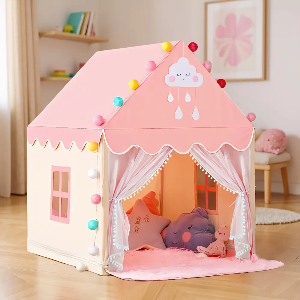 Large Pink Girls & Boys Castle Play Tent with Sturdy Alloy Frame Heavy Duty Foldable Indoor Outdoor Playhouse Secret Hideout for Kids Birthday Party Decor Role Play House No Lights, Castle-Themed Playhouses, Tents & Tunnels, Gross Motor Play
