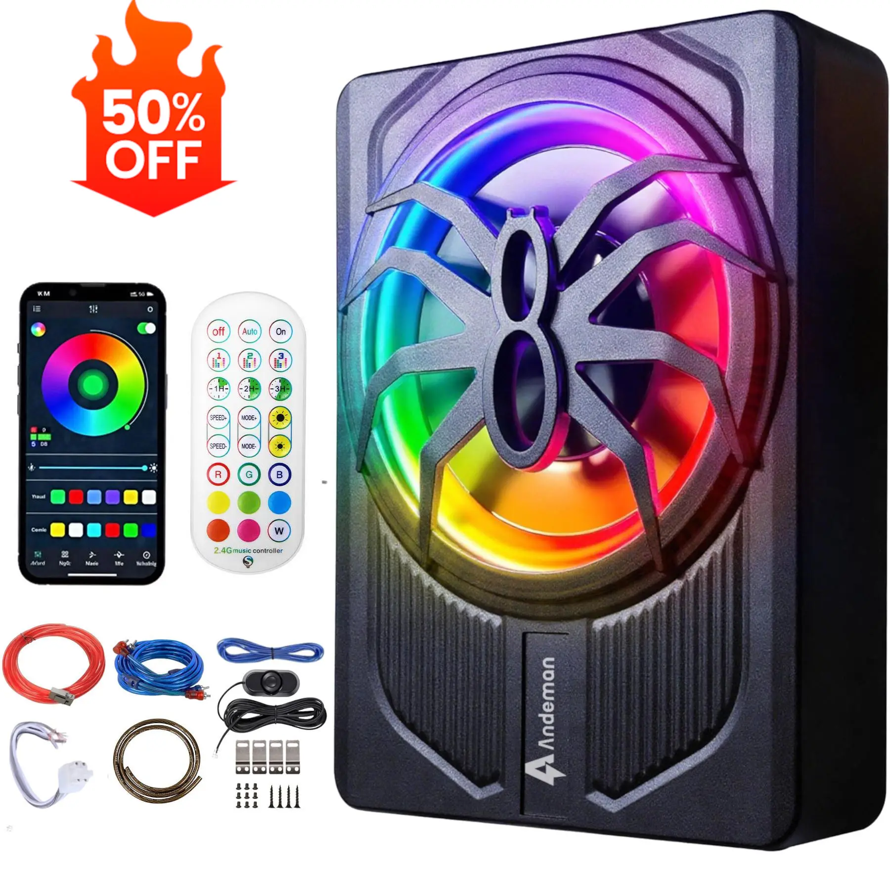 【Summerfinds】ANDEMAN 10'' 500W Car Subwoofer with APP Control and Colour Ambient Light, Slim Under Seat Powered w/Built-in Amplifier & Hi/Lo Input, Bass Speaker Subwoofer for Car/Truck/SUV/Jeep/MPV