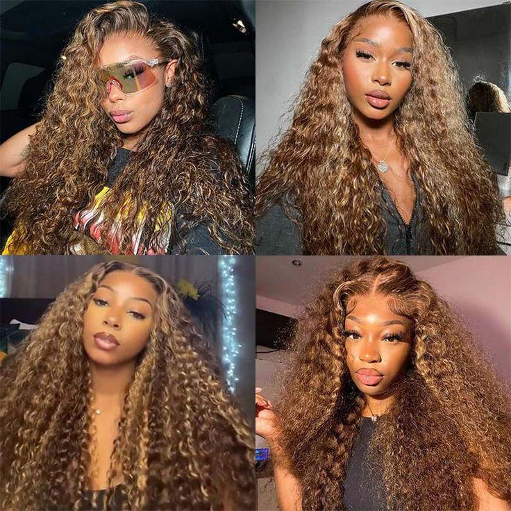 [New Upgrade] ZLIKE Ombre Highlight Water Wave Lace Front Wigs 13x4/13*6  Lace Thick Honey Blond Curly 180% Density Wig with Transparent Lace Blend for Natural Look