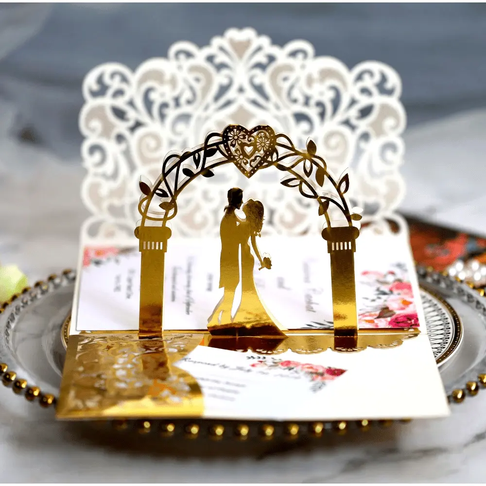 10pcs Elegant 3D Pop Up Wedding Invitations - Laser Cut Tri-Fold Bride & Groom Lace Greeting Cards Card Design For Your Special Day!