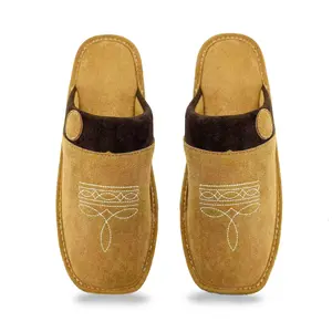 All-Season Western Cowboy Boot Stitch Slippers with Square Toe - Suede Leather House Shoes for Men & Women Indoor/Outdoor