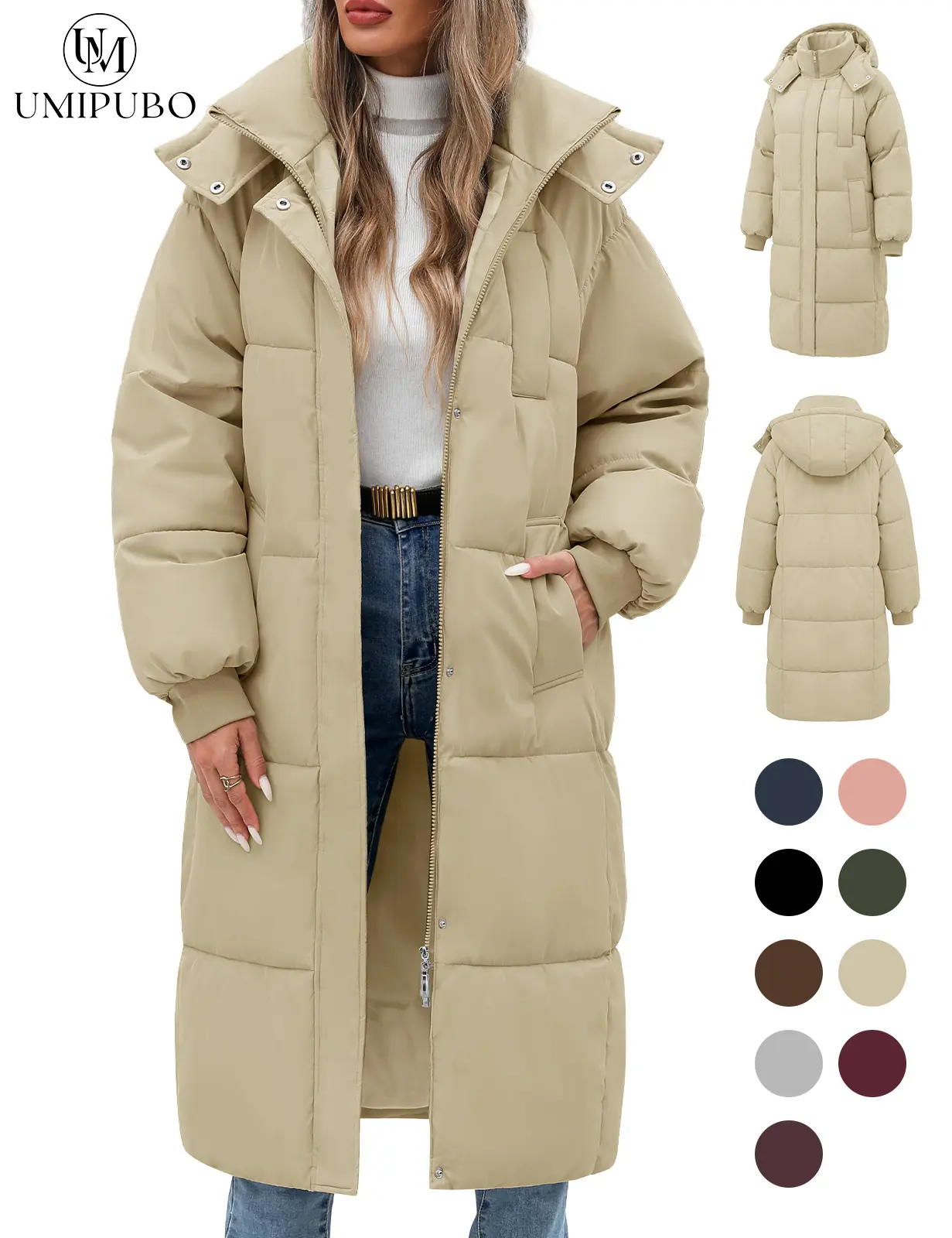 UMIPUBO Women's Long Quilted Puffer Jacket, Winter Thick Warm Hooded Zip-Up Parka with Pockets, Long Sleeve Loose Fit Casual Fashion Casual Outerwear, Loose Fit Jacket, Jackets Zip Up