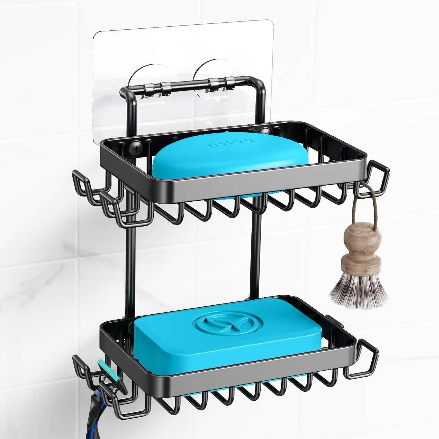 Adhesive 2 Tier Bar Soap Holder, Stainless Steel for Shower Wall, Soap Dish for Bathroom, Black