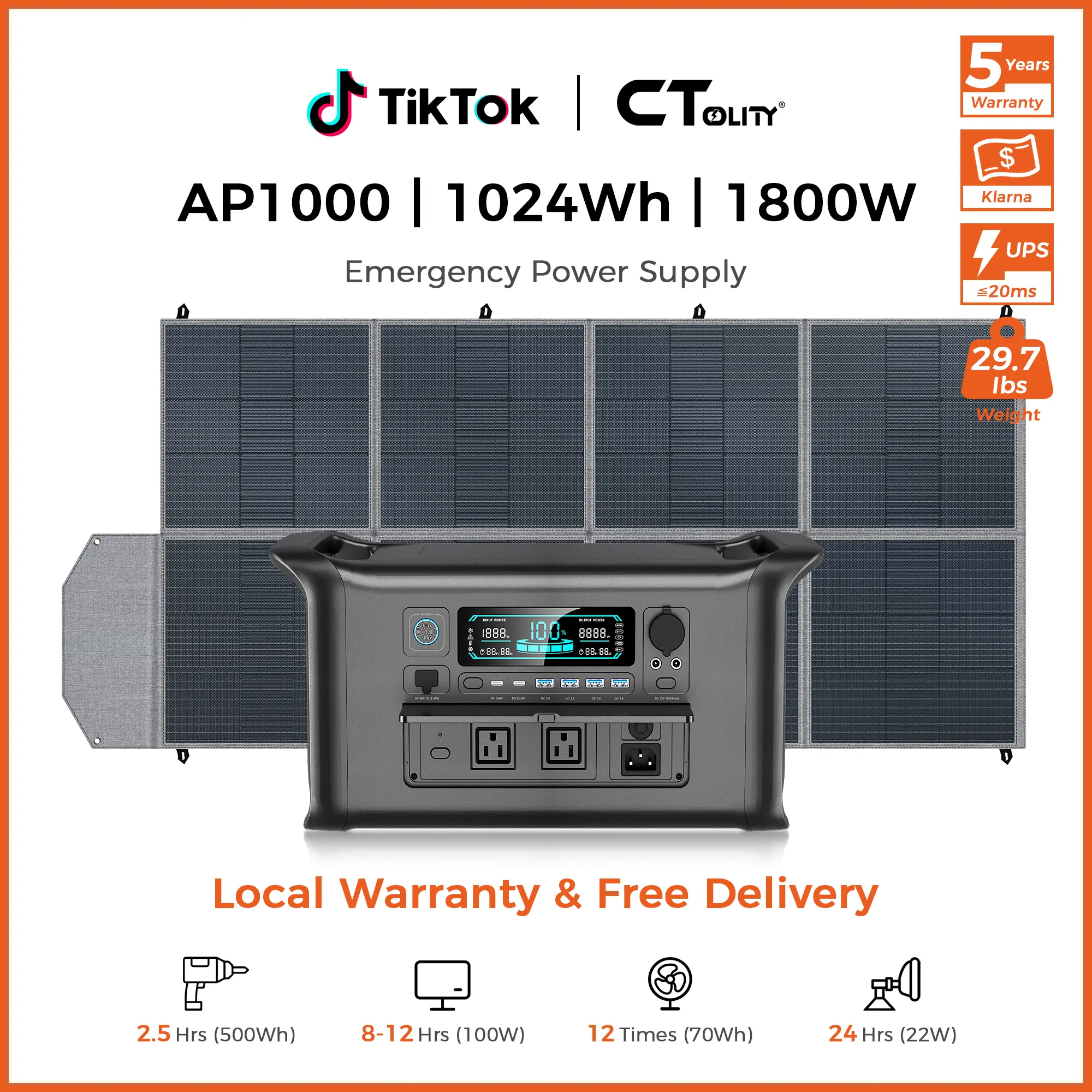 [TikTokShopBackToSchool]CTOLITY AP1000 1600W Portable Power Station with SP400 400W Solar Panel, 1024Wh LiFePO4 Solar Generator, 120V Pure Sine Wave AC Outlet, Portable Power Kit for Camping, RV, Travel & Emergency Home Backup