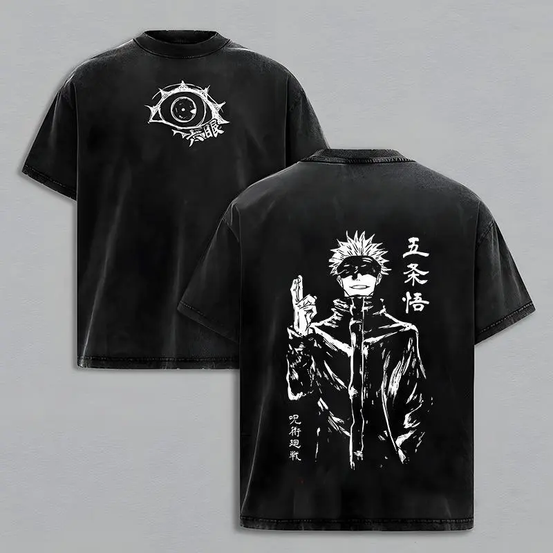 Menswear Distressed Washed Round Neck Short Sleeve Gojo Satoru Tee - Jujutsu Kaisen Shibuya Incident/Culling Game Prelude Vintage Oversized Heavy Cotton Anime Manga Top, Double Printed Retro Unisex Streetwear Graphic, Festive Japanese Sorcerer Fan Merch,,