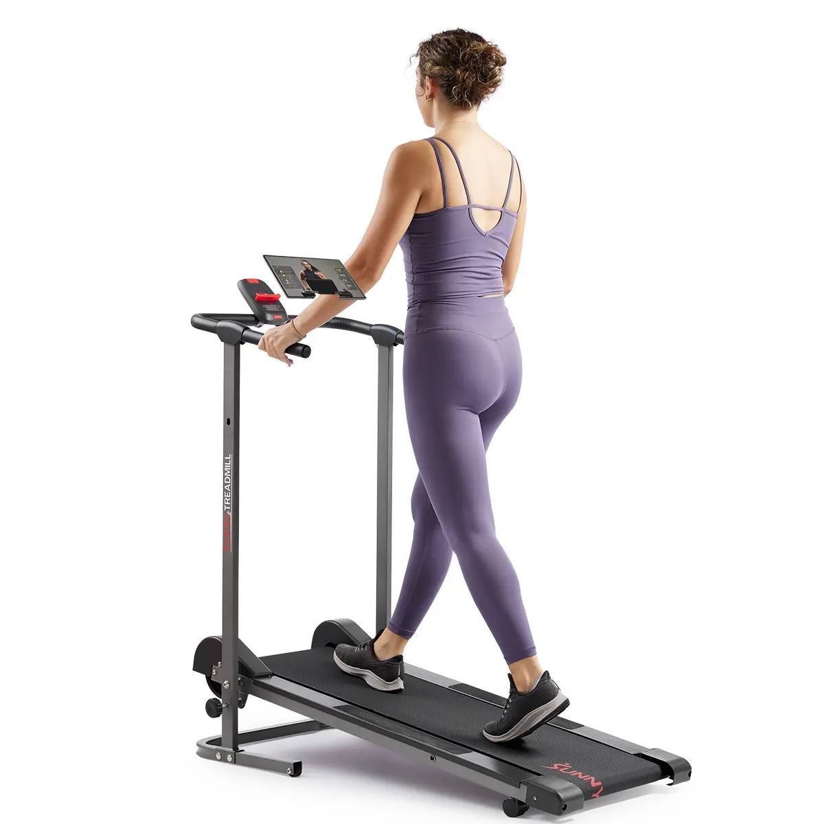 SUNNY Slim Foldable Manual Treadmill Home Gym Fitness Workout Fixed Incline Shock Absorbent 42" x 13" Running Deck Performance Monitor Compact Space Saving Walking Jogging Running Machine 330 lbs Capacity Portable Cardio Exercise Equipment