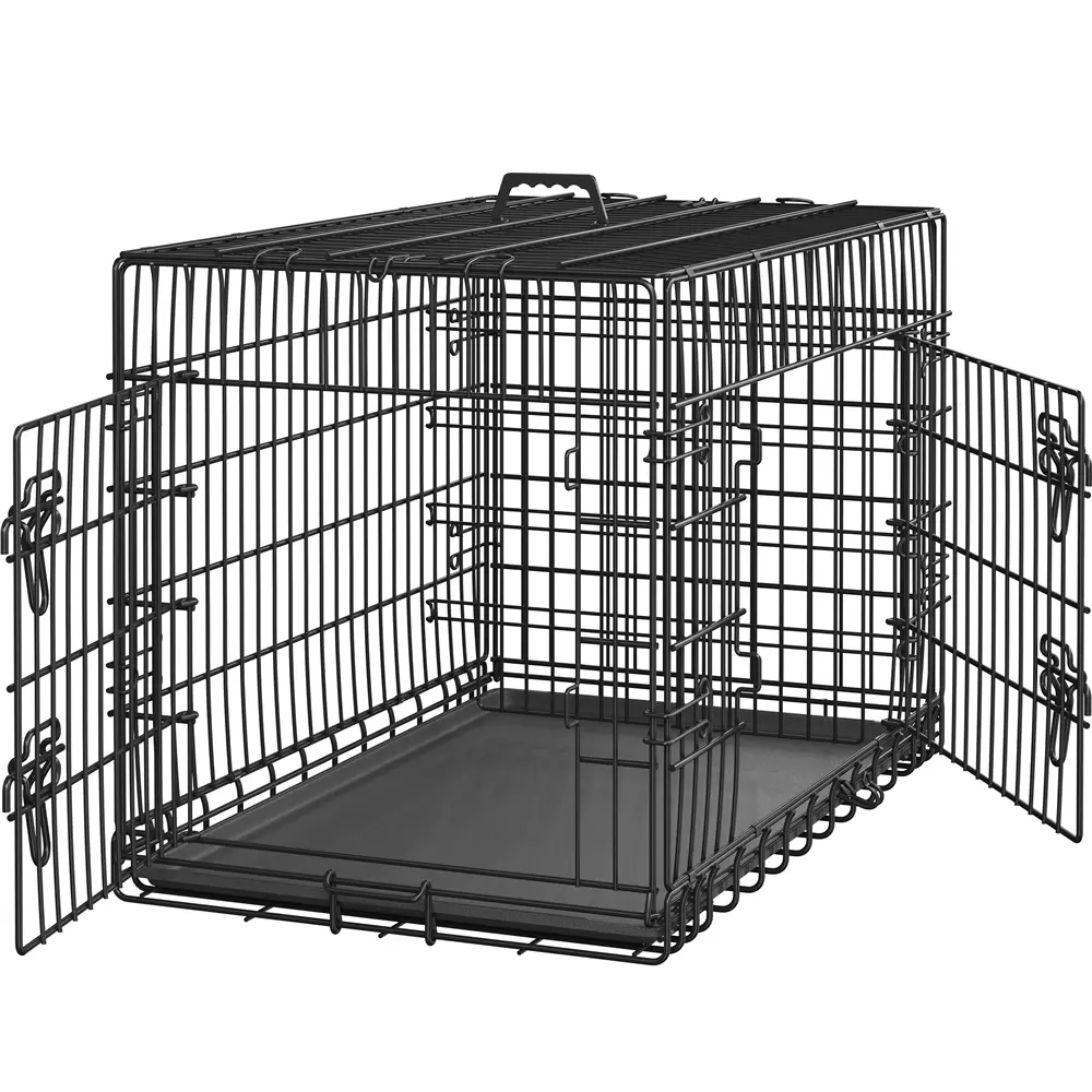 Costoffs Enclosed Metal Portable Dog Crate - 36/42/48in Escape-Proof Kennel for Medium Dogs with Adjustable Divider, Double Doors, Removable Tray, Collapsible Wire Design, Black Indoor Cage, Puppy Kennel