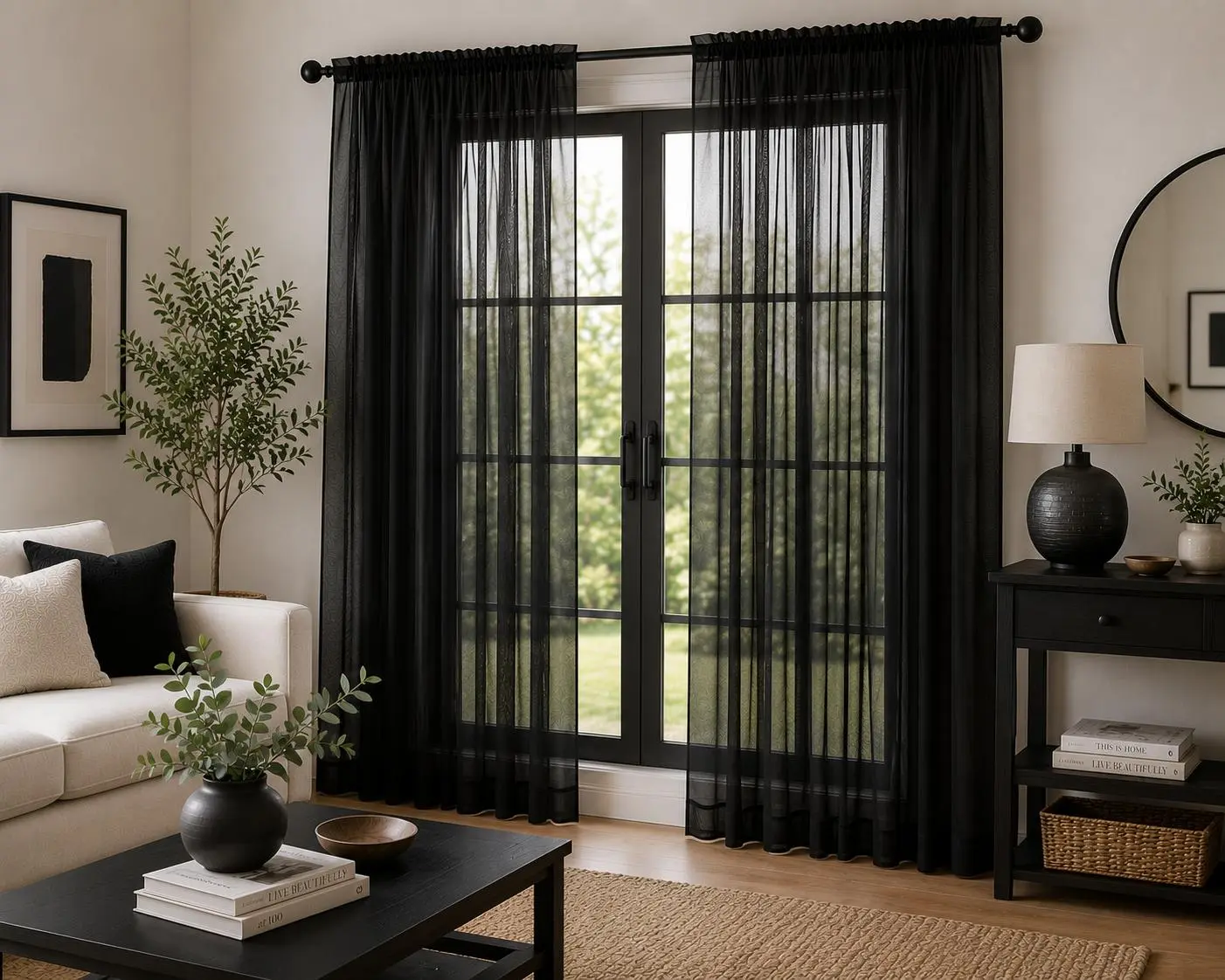 2PC Black Semi Sheer Easy Rod Pocket Home Decoration Curtains - Glam, Breathable Voile Window Drapes, Lightweight Privacy Fabric Pair Adds Instant Elegance to Any Room for Bedroom, Office