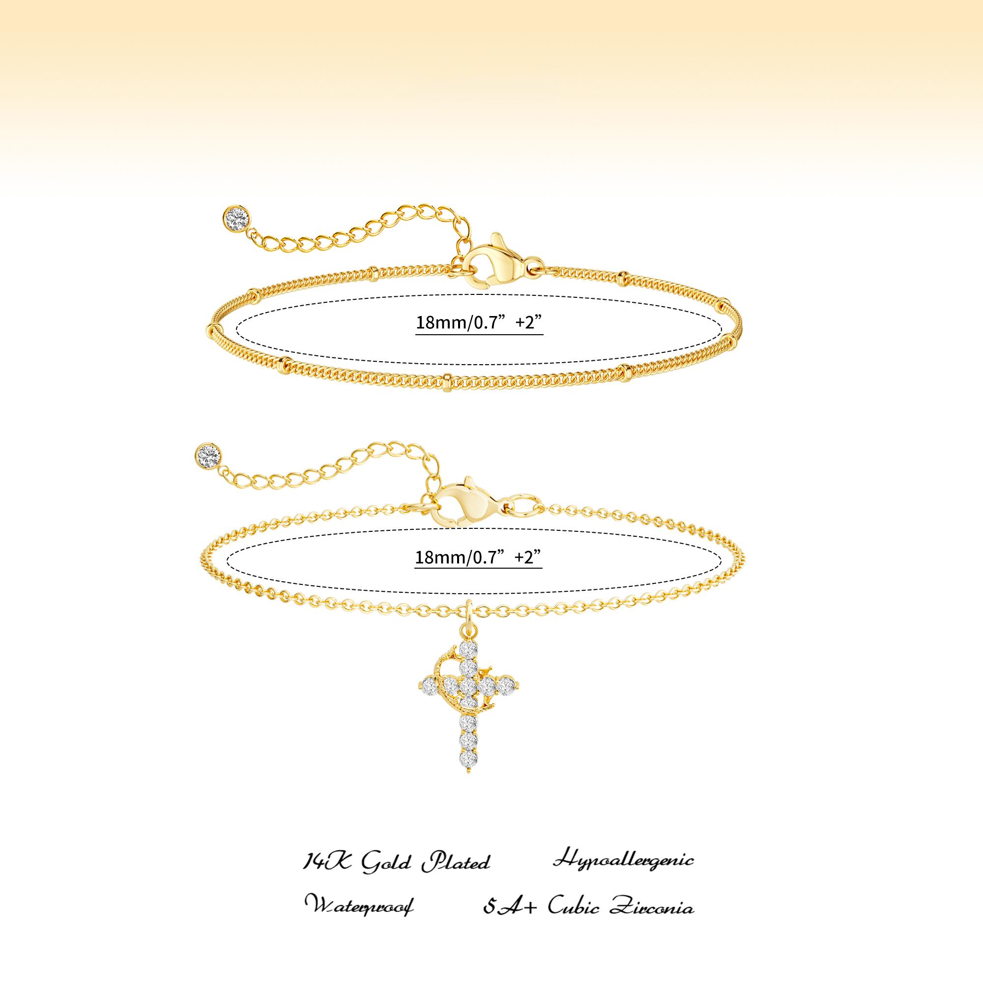 TEWIKY 14K Gold Plated Double-Layer Delicate Cross Pendant Bracelet, Elegant and Stylish Jewelry Gift for Women, Suitable for Any Occasion For Easter gifts