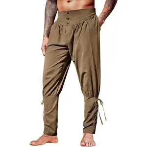 Runcati Men's Medieval Ankle Pants Renaissance Viking Pirate Lace Up Tapered Halloween Linen Costume Trousers
