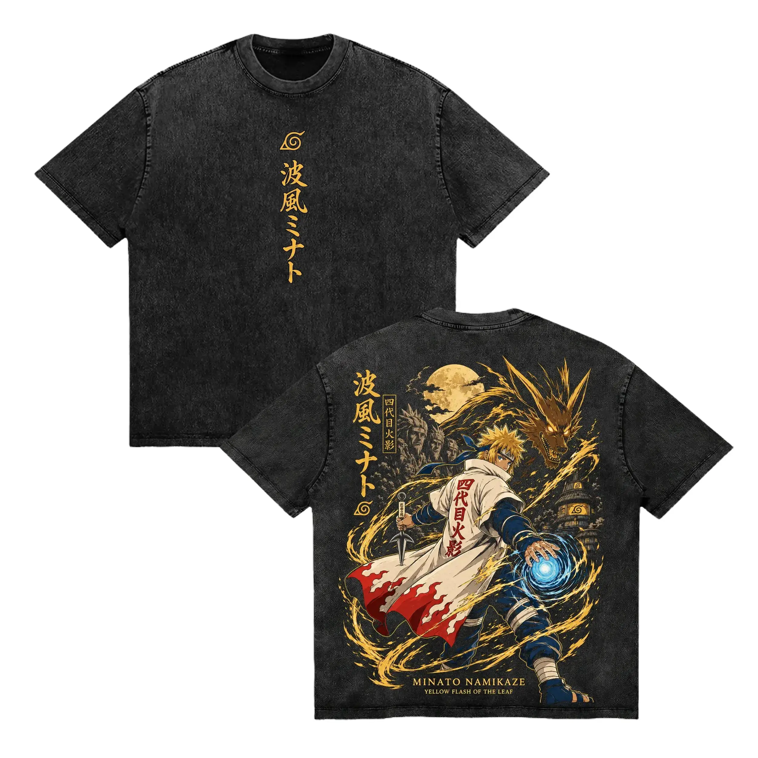 Vintage Washed Minato Namikaze Graphic Tee - Fourth Hokage Naruto Anime Shirt Heavyweight Cotton Oversized Streetwear Gym Pump Cover Yellow Flash Rasengan Shinobi Merch Y2K Retro Top Perfect Otaku Fan Gift Men Women Japanese Manga Clothing