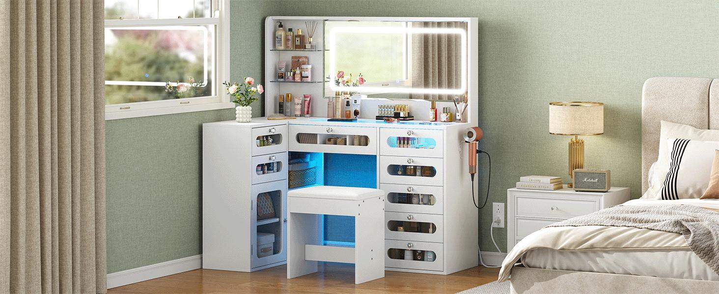 Oak-colored vanity table with mirror light fixture, three color modes, dual RGB drawers, large-capacity tempered glass cabinet body, power outlet, adjustable lighting, ample storage space, built-in charging station