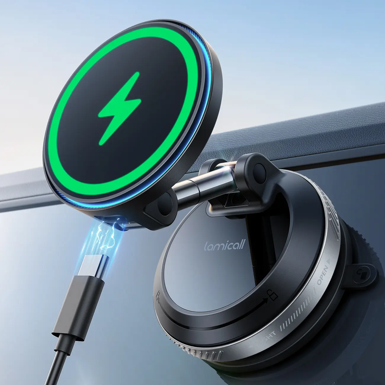 Lamicall 15W MagSafe USB C Car Charger Dual Ports, Suction Cup Dashboard Wireless Charging, Cordless Tech Gadget, Vacuum Magnetic Holder, Fast Charging Car Interior Accessory for iPhone 17 Pro Max 16 15 14 (Black), Usb C Car Charger Fast Charging