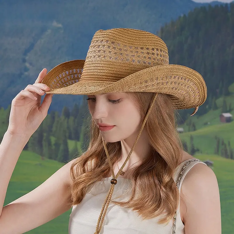 Jazz hat, Western cowboy hat, summer straw sun protection hat, women's retro ethnic style hat