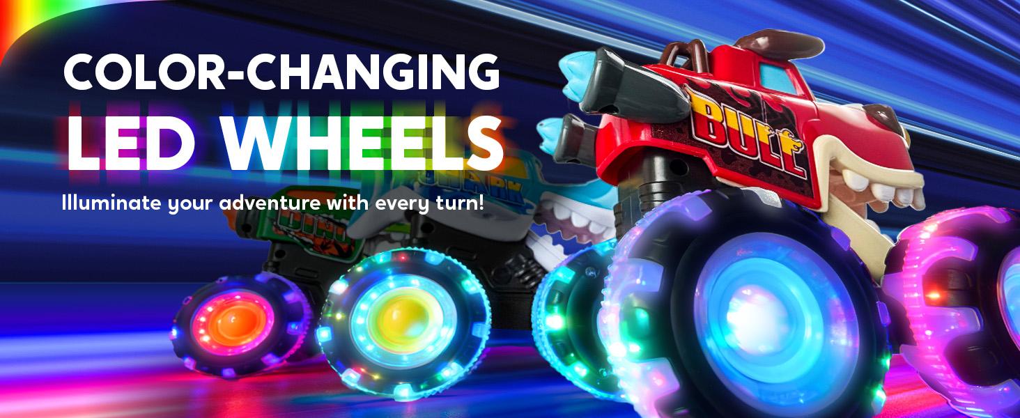 JOYIN Toys for Kids 3 Pack Monster Truck Toy, Motion Activated Light-Up Cars, Press & Go Cars for Boys Girls, Christmas Gifts for Kids Baby Toy Present Dinosaur Carrier Truck, BUMP MONSTER TRUCK SET easter gifts for kids