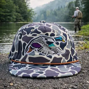 Camo Duck Hunting Snapback Hat, Mallard Embroidered Flat Brim Cap for Hunters, Fishing Outdoor Trucker Hat for Men