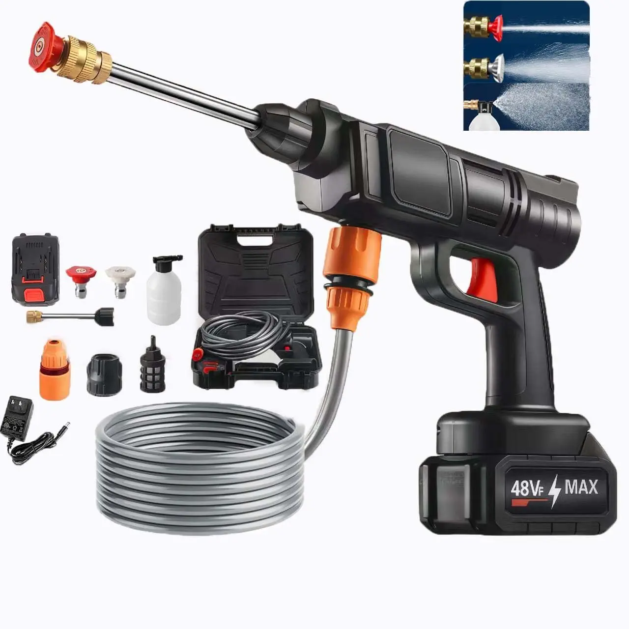Cordless Portable High Pressure Washer with Pure Copper Motor, 2-in-1 Nozzle, Adjustable Water Pressure, Self Priming Multi-Surface Electric Water Jet & Hose Kit for Car Washing, Outdoor Cleaning