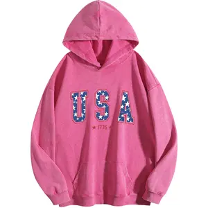 Holafish Women's USA Print Acid Wash Hoodie Vintage Sweatshirt Oversized Loose Fit Winter Warm Streetwear Casual Tunic graphic Crewneck
