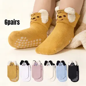 Random 6 Pairs Children's Socks with Anti-Slip Soles Cartoon-Printed Cute Ear-Design Socks Fun Socks for Girls and Boys
