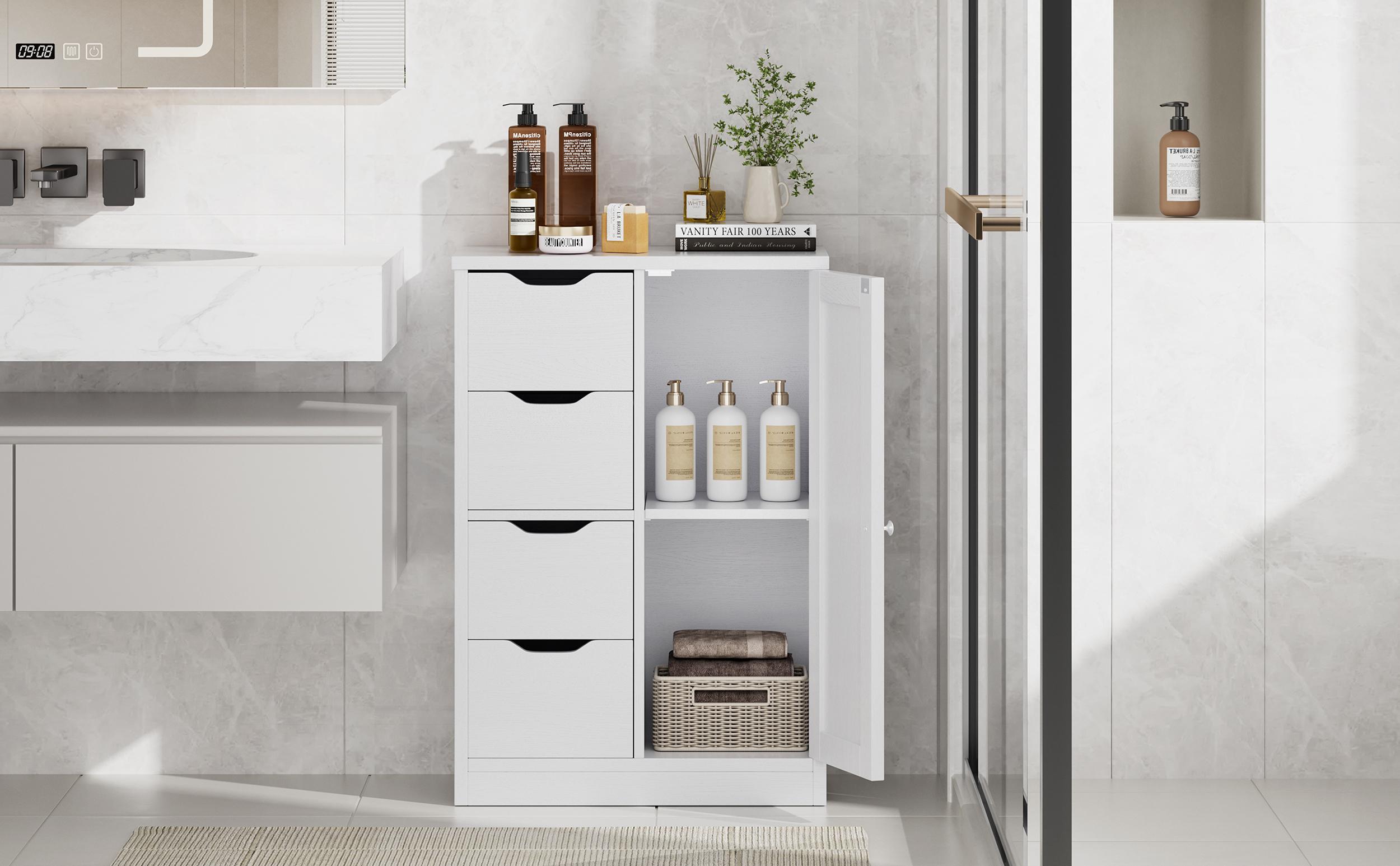 Walsunny Bathroom Floor Storage Cabinet, Wooden Storage Organizer with 4 Drawers and 1 Cupboard, Freestanding Entryway Storage Unit Console Table