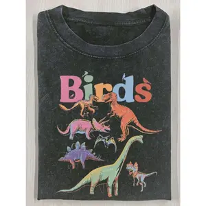 Men's 250g Heavyweight Cotton Vintage Washed T-Shirt - Retro Bird & Dinosaur Graphic Print, Streetwear Casual Short Sleeve Tee for Summer graphic tees